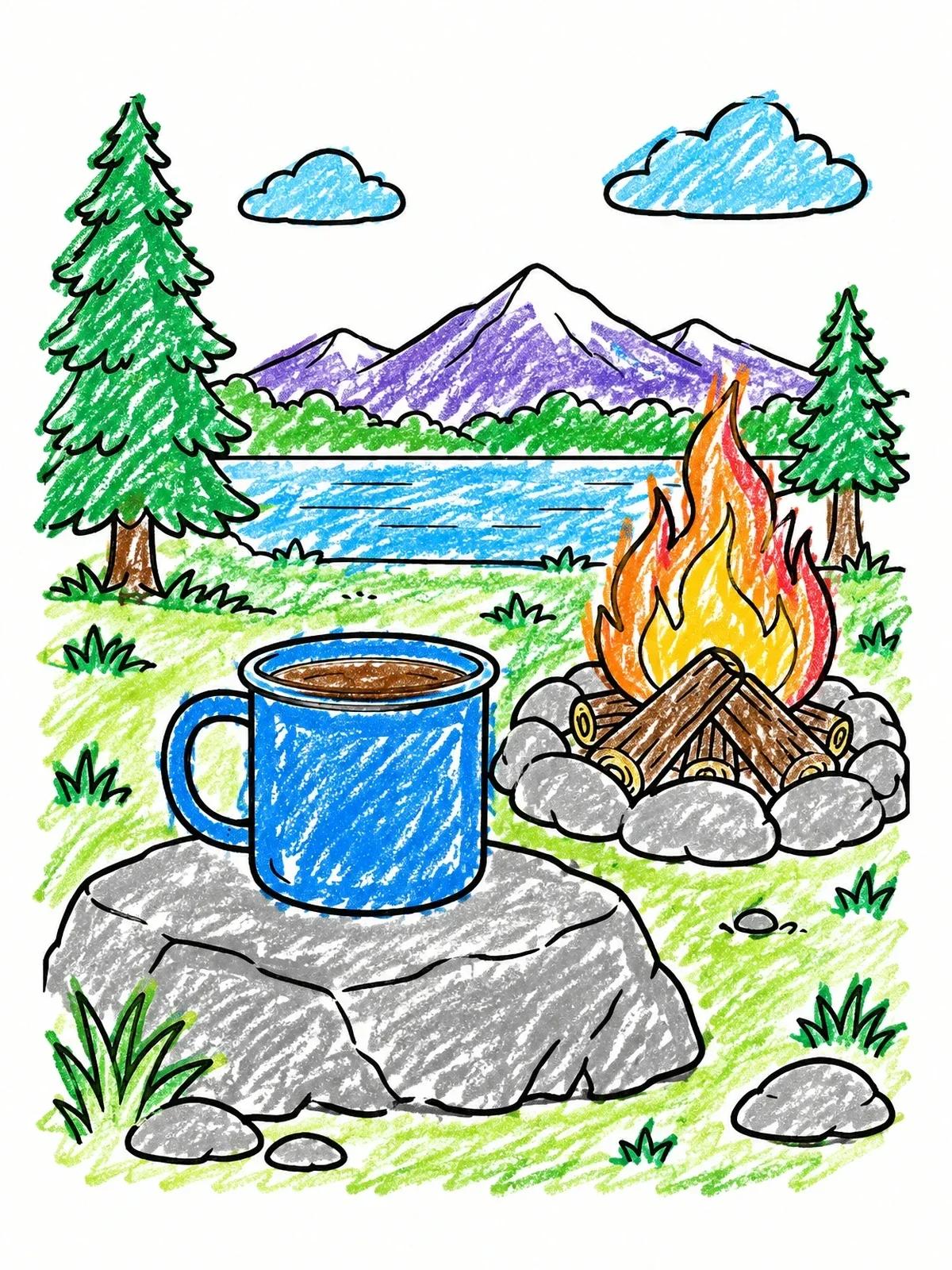 Colored example of the Campfire Mug In The Mountains coloring page