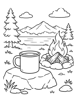 Free printable Campfire Mug In The Mountains coloring page