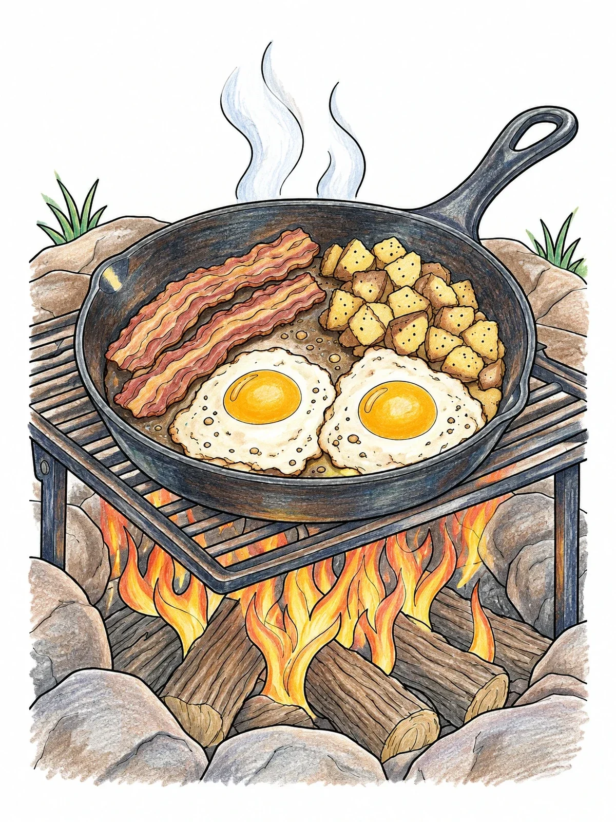 Colored example of the Campfire Skillet Breakfast With Bacon And Eggs coloring page