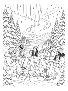 Friends gather around a campfire in this northern lights coloring page.