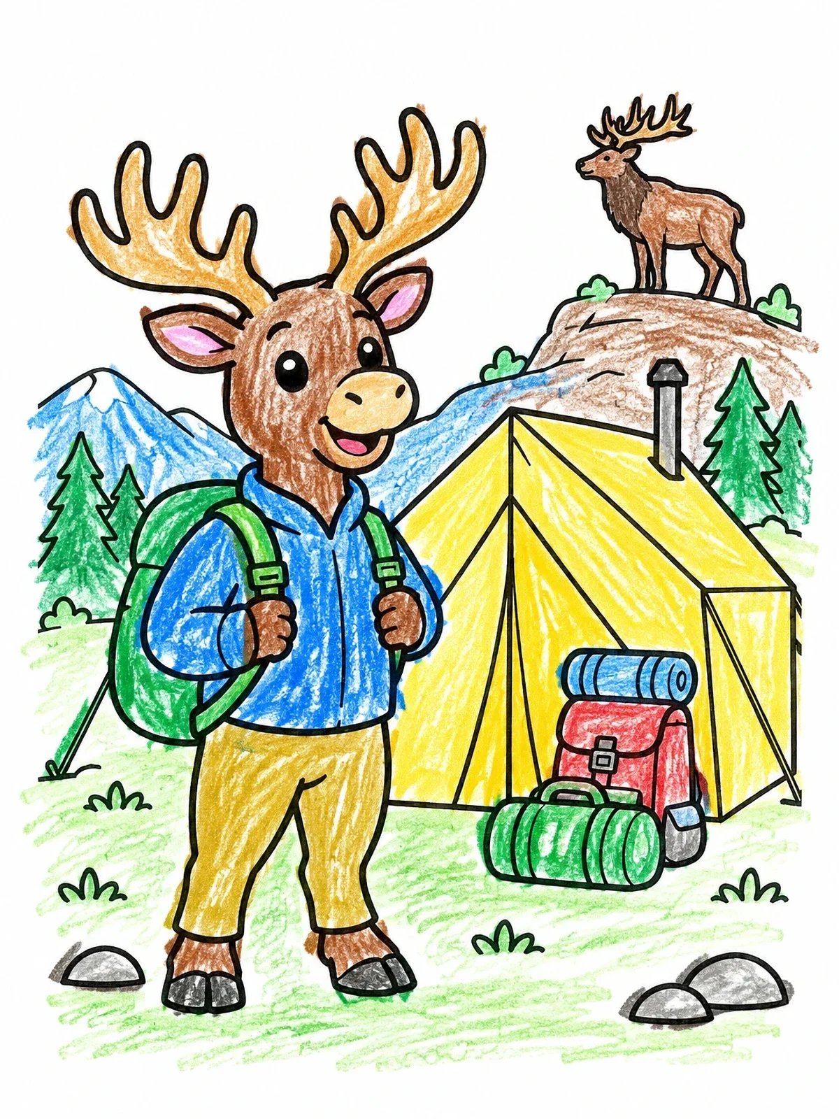 Colored example of the Camping Cartoon Elk At Campsite coloring page