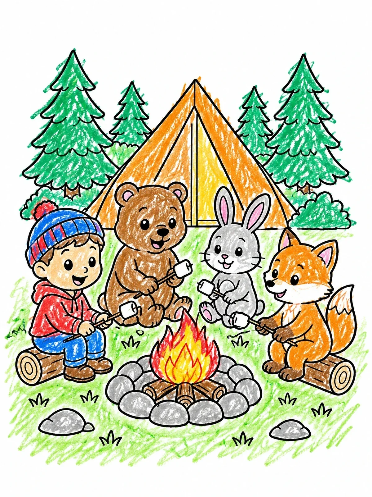 Colored example of the Roasting Marshmallows With Forest Friends coloring page