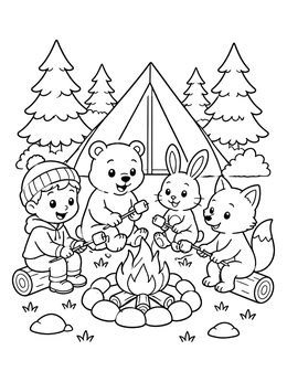 Free printable Roasting Marshmallows With Forest Friends coloring page