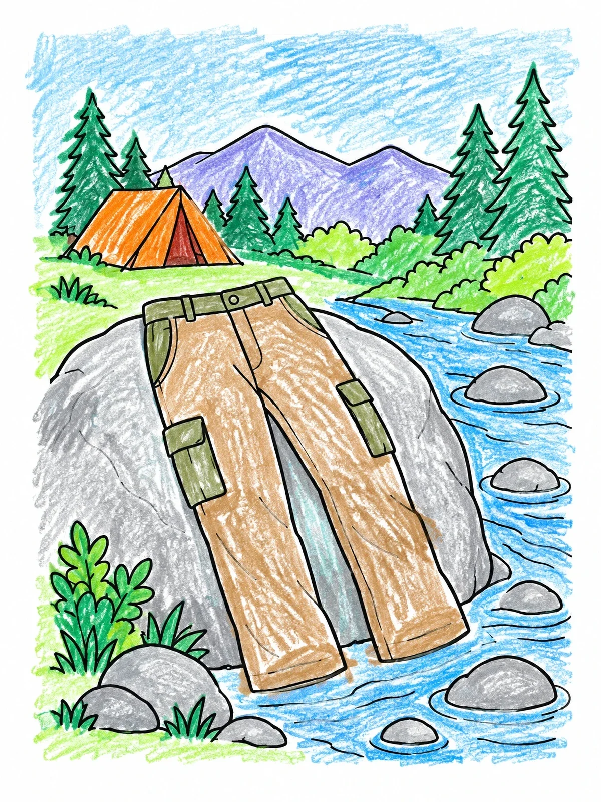Colored example of the Camping Pants By The Stream coloring page