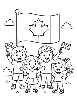 Free printable Children Celebrating With Canadian Flags coloring page
