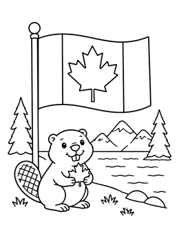 Free printable Cute Beaver With Canadian Flag coloring page