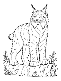 A wild lynx coloring page with tufted ears standing on a fallen birch log.