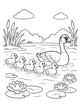 Free printable Mother Goose With Cute Goslings coloring page