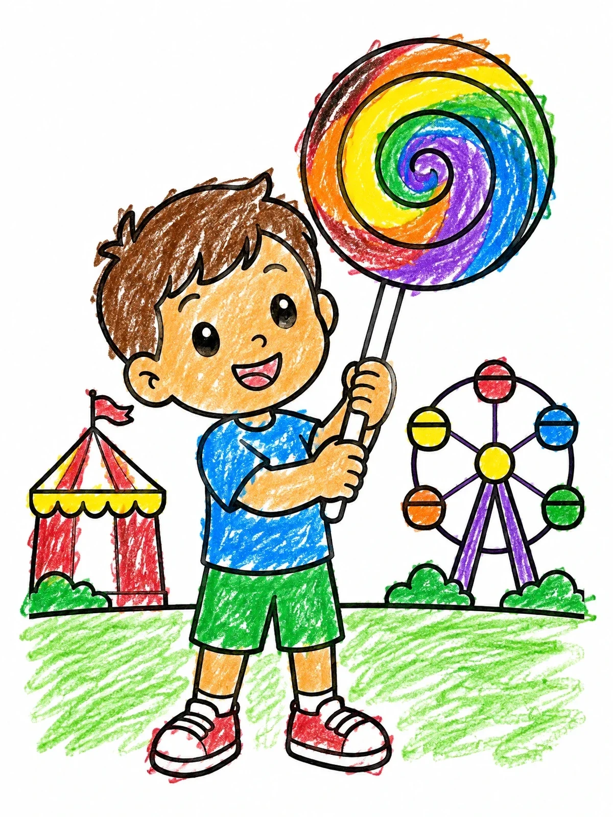 Colored example of the Boy With Giant Lollipop At Carnival coloring page