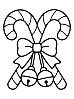 A festive candy cane heart coloring page with a decorative bow and hanging jingle bells.