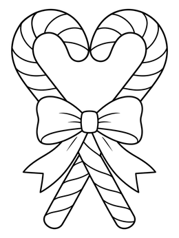 Two striped treats form a heart shape in this candy cane coloring page with a big ribbon bow.
