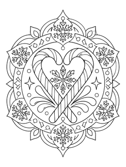 Intricate candy cane heart coloring page with snowflakes and decorative mandala borders.
