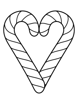 A simple striped candy cane heart coloring page with bold outlines.