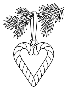 A festive candy cane heart coloring page featuring a holiday ornament hanging from a pine branch.