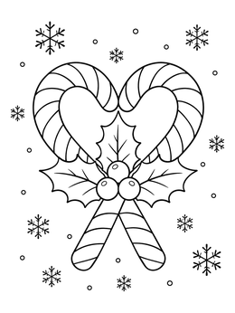 A festive candy cane heart coloring page with holly leaves, berries, and snowflakes.