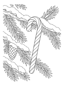 A candy cane coloring page hanging among snowy pine needles and a pinecone.