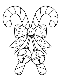 Festive candy cane coloring page featuring crossed candy canes with a polka-dot bow and bells.