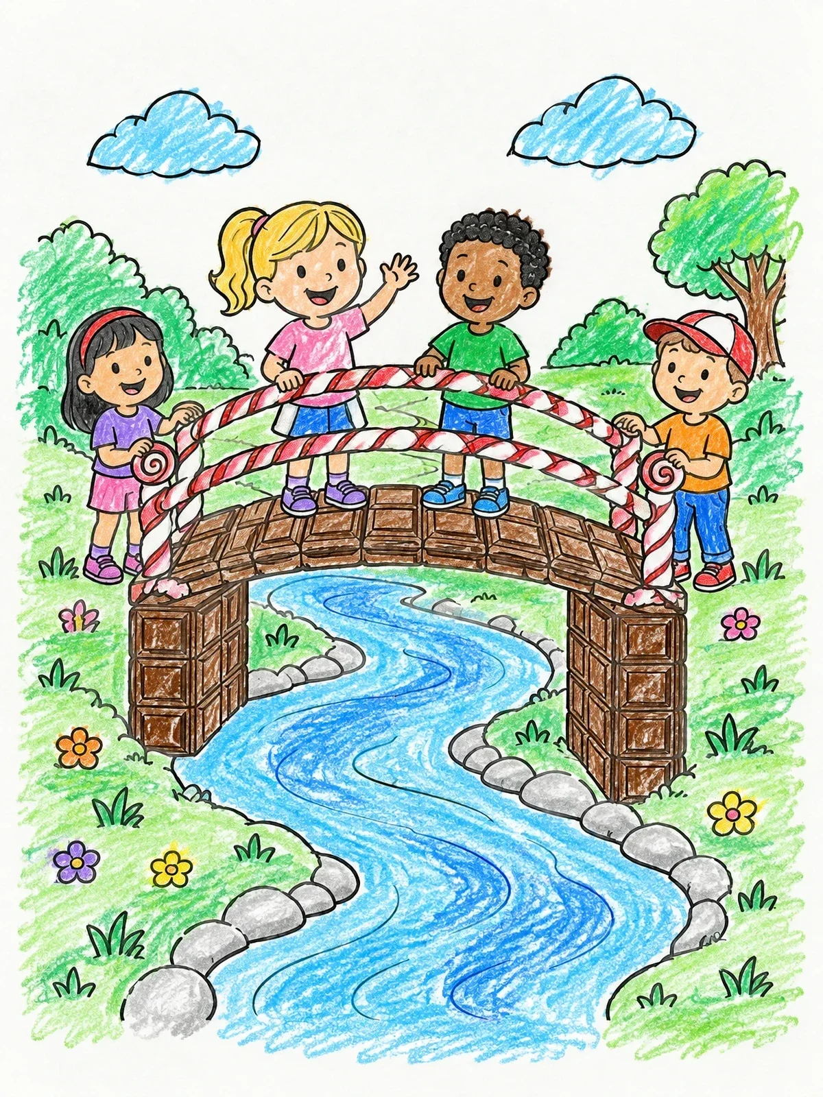 Colored example of the Children On A Chocolate Bridge coloring page