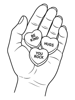 A hand holds three candy conversation hearts in this heart coloring page.