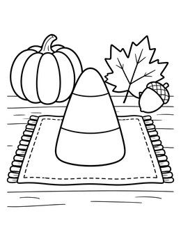 A simple candy corn coloring page featuring a pumpkin, leaf, and acorn on a table.