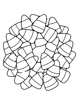 A candy corn coloring page featuring sweet candies arranged in a neat circular wreath.