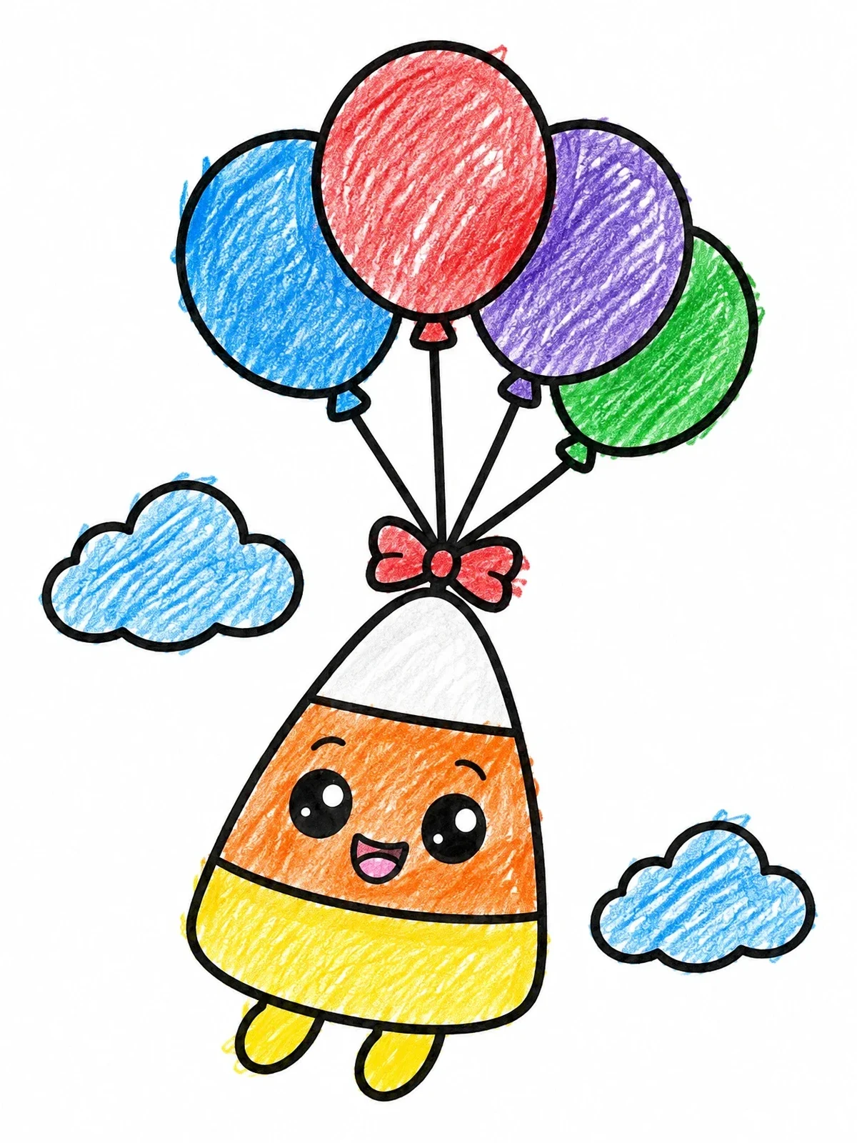 Colored example of the Candy Corn Floating With Balloons coloring page