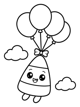 A cute candy corn coloring page featuring a smiling character floating with party balloons in the sky.