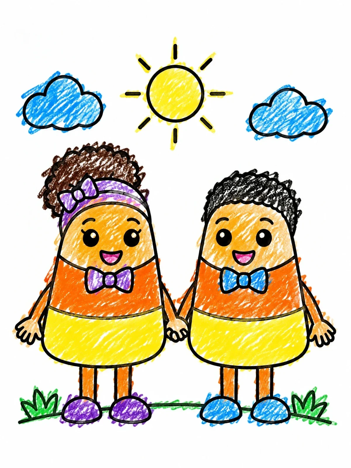Colored example of the Candy Corn Friends Holding Hands coloring page