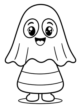 A cute candy corn coloring page featuring a character wearing a bedsheet ghost costume.