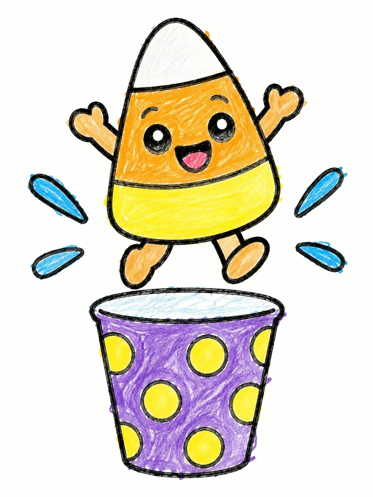 Colored example of the Candy Corn Jumping From Cup coloring page