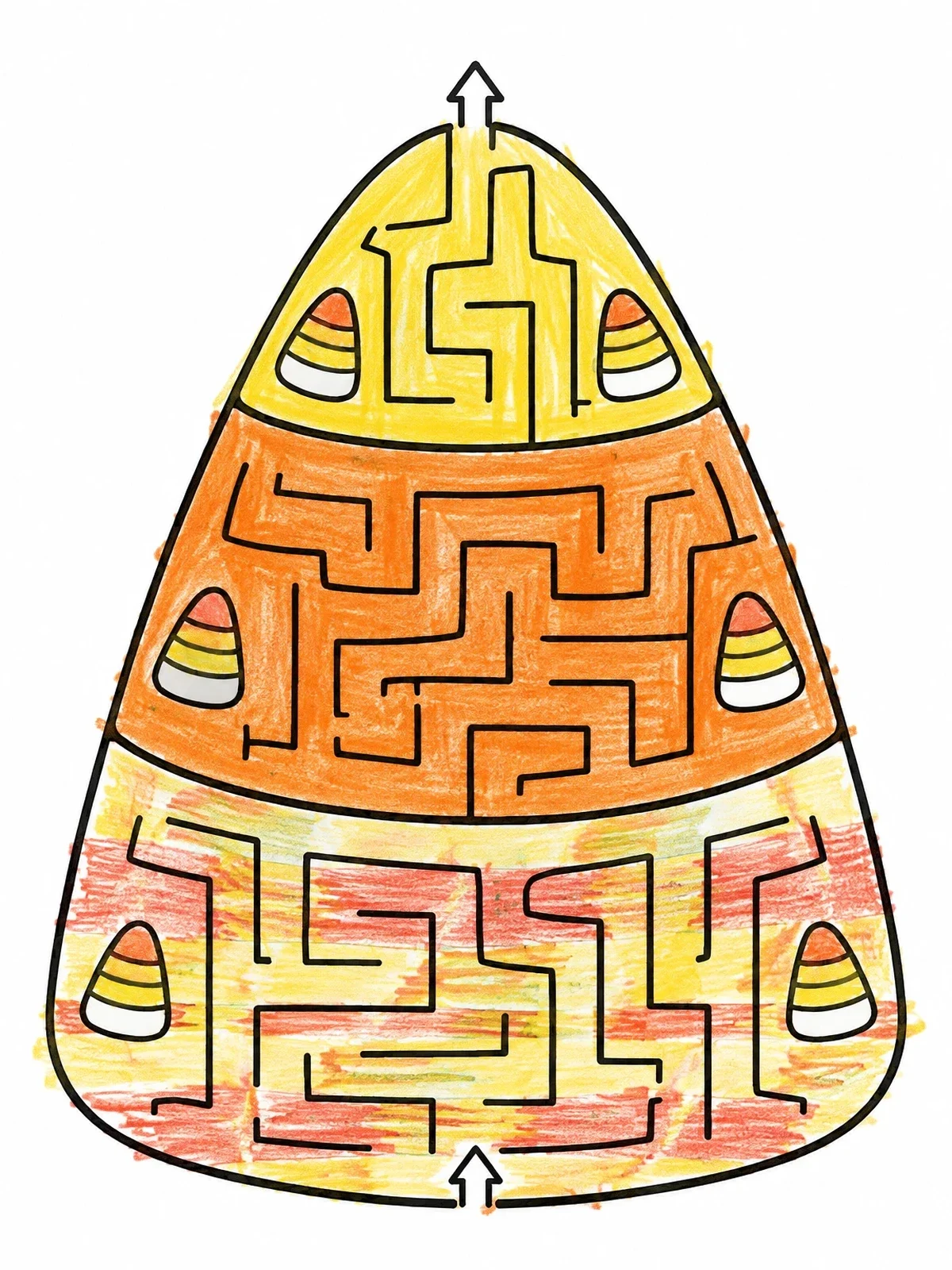 Colored example of the Candy Corn Shape Maze Puzzle coloring page