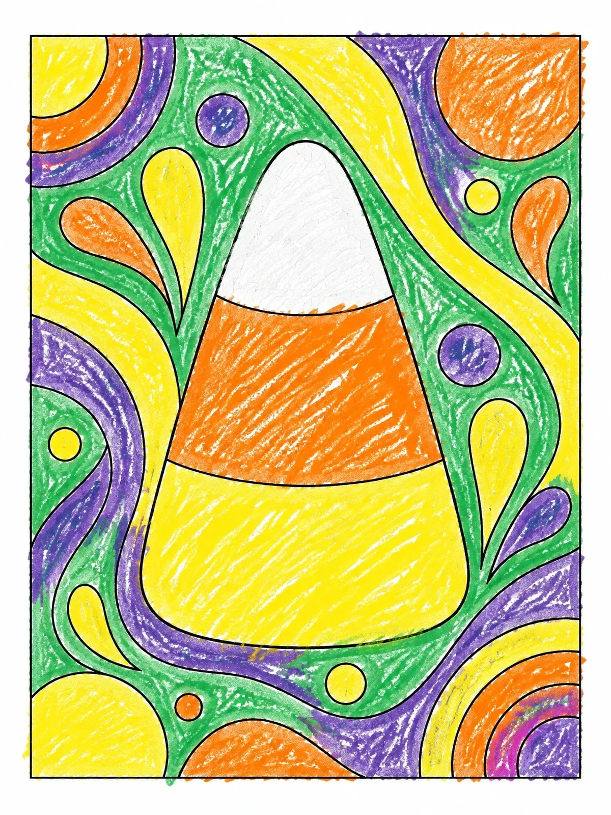 Colored example of the Candy Corn With Swirling Background coloring page