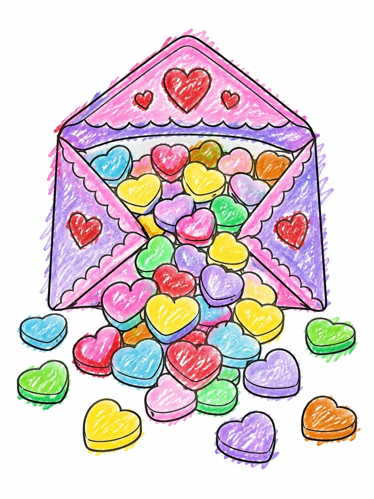 Colored example of the Envelope Spilling Sweet Heart Candies coloring page