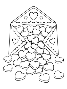 An open decorated envelope spilling heart-shaped sweets in this candy coloring page.