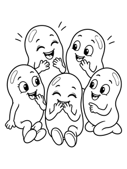 A candy coloring page showing five happy cartoon jelly beans laughing together.