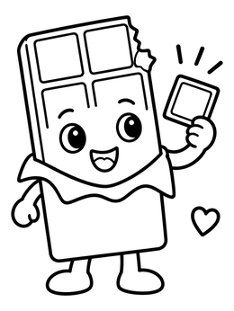 A cheerful candy coloring page showing an unwrapped chocolate bar holding a small square piece.