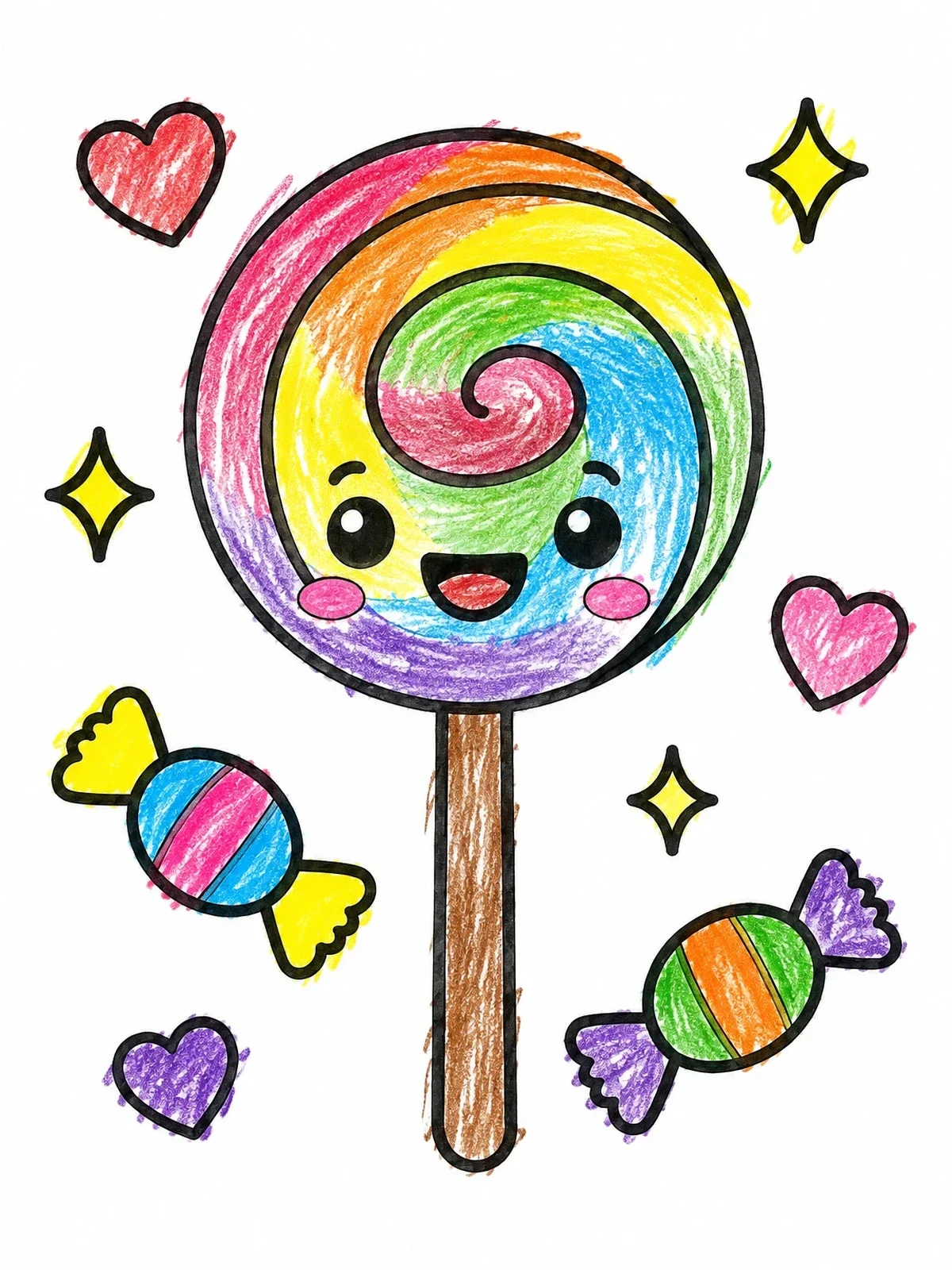 Colored example of the Happy Lollipop With Sweet Candies coloring page