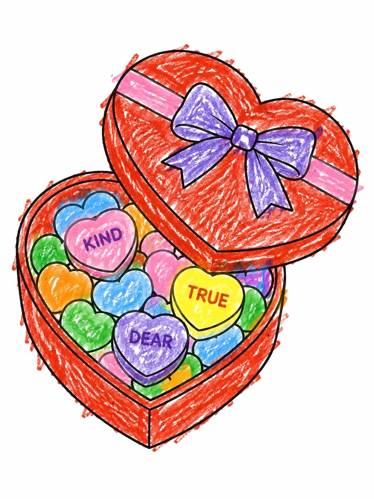 Colored example of the Heart Candy Box With Sweet Messages coloring page