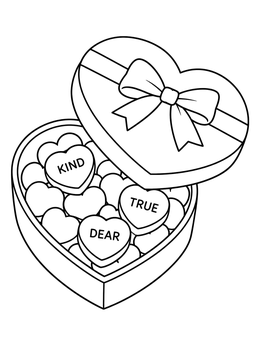An open heart-shaped box filled with conversation sweets on this candy coloring page.