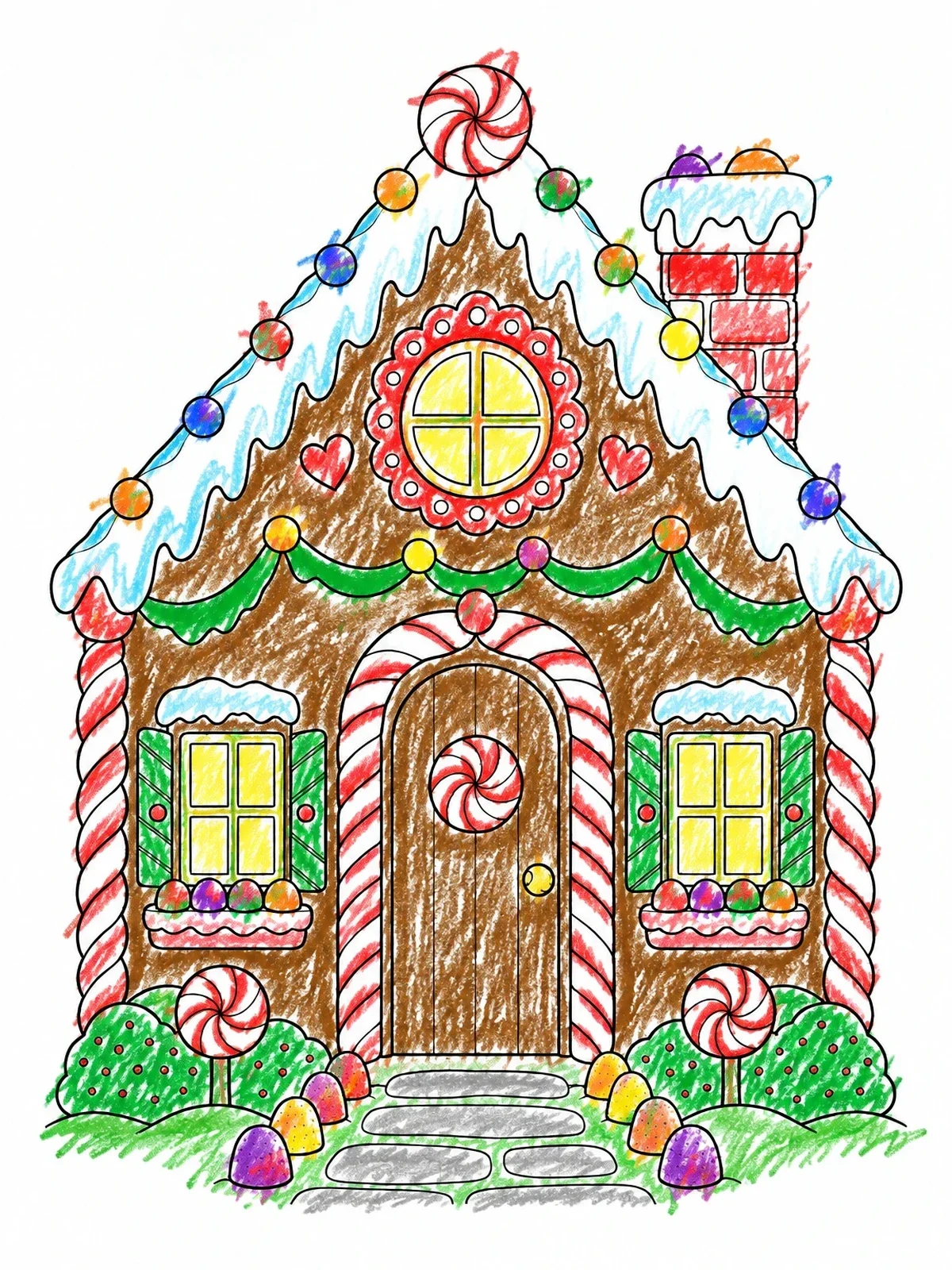 Colored example of the Gingerbread House With Candy Details coloring page