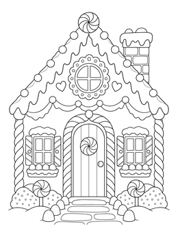 Detailed candy house coloring page with frosted roof and sweets.