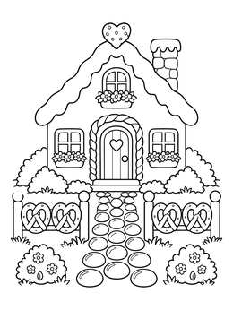 A charming candy house coloring page with pretzel fences and a sweet stone path.