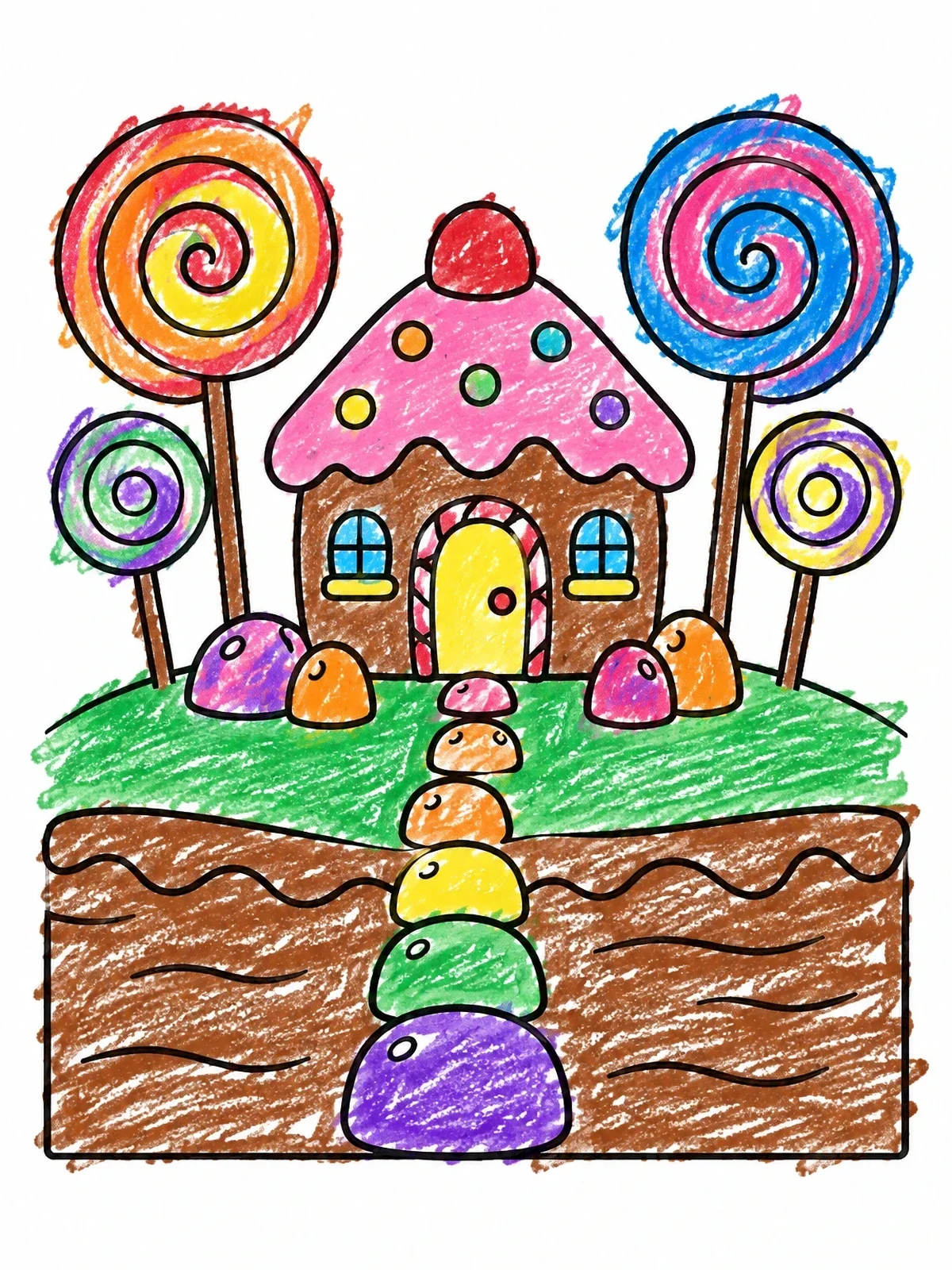 Colored example of the Sweet Gingerbread Cottage With Lollipops coloring page