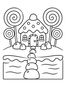 Free printable Sweet Gingerbread Cottage With Lollipops coloring page