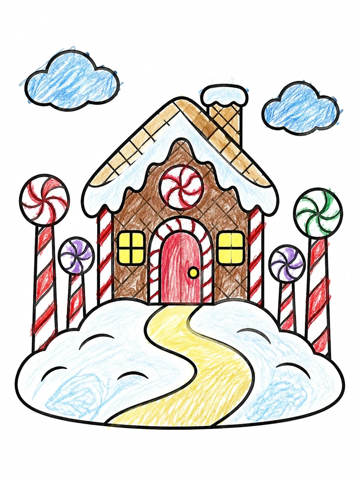 Colored example of the Sweet Gingerbread House On A Hill coloring page
