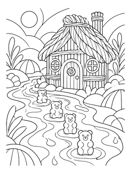 A whimsical candy house coloring page with gummy bear stepping stones across a flowing river.
