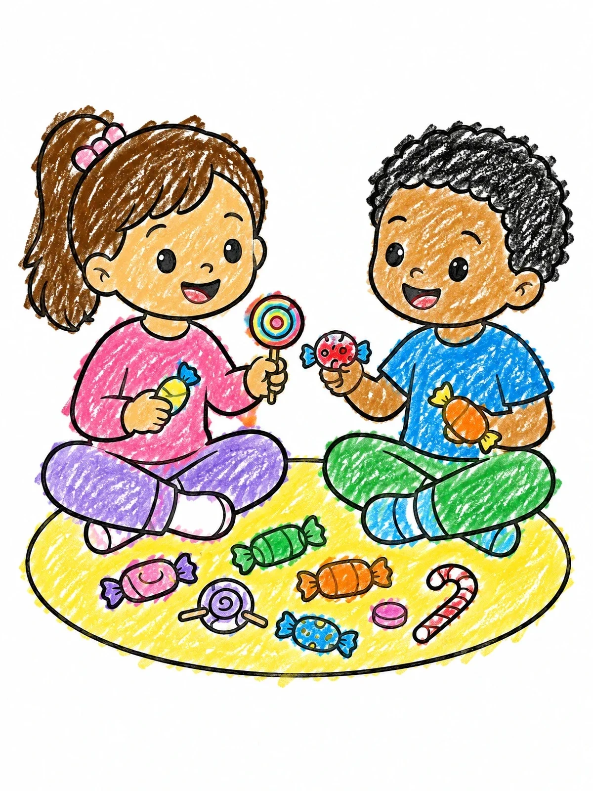 Colored example of the Children Sharing Sweet Candies coloring page