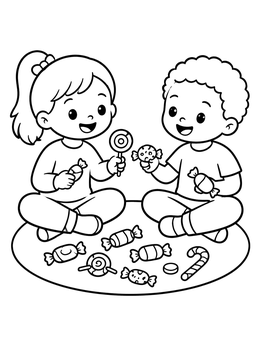 Two smiling kids sitting on a rug with a candy coloring page design.