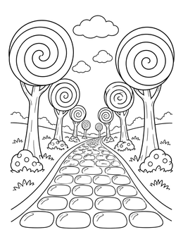 A candy coloring page showing a cobblestone road lined with giant swirl lollipop trees.