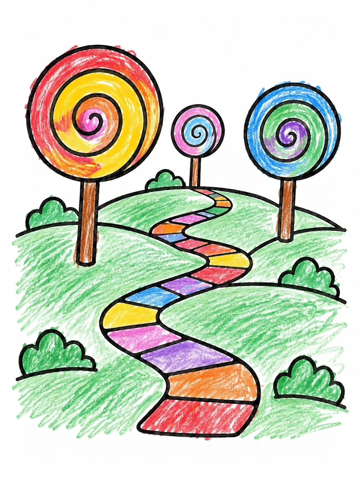 Colored example of the Lollipop Trees Along Winding Path coloring page